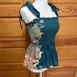 Teal Smocked Silk Top with Bird Print